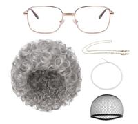 Peluca de abuela, peluca corta y rizada para disfraz de anciana con gafas y cadena de perlas para fiesta de Halloween, cosplay, gris