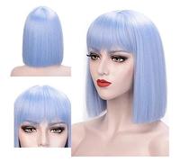 Peluca de Cabaret Peluca Azul Claro Pelucas De Pelo Corto Y Recto Para Mujer Peluca Azul Con Flequillo Hasta El Hombro Sintético Pelucas Disfraz