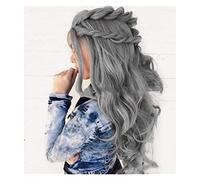 Peluca de Cabaret Peluca con malla frontal ondulada gris para mujer, pelucas sintéticas con ondas de cuerpo largo, peluca de pelo gris resistente al calor Pelucas Disfraz