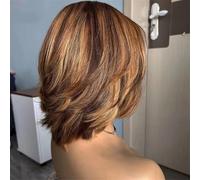 Peluca De Cabello Humano Brasileño Remy Con Flequillo, Reflejos Rubios Castaños, Hecha A Máquina, Para Mujer, Con Parte ior Del Cuero Cabelludo Para Un Look Natural