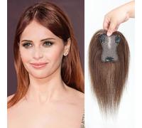 Peluca de cabello humano con clip, parte media recta, 25 cm, sin costuras, para mujeres con cabello fino (hecho a máquina, marrón)