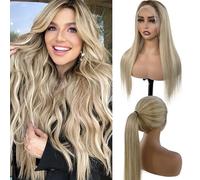 Peluca de cabello humano con encaje frontal de 13 x 6 pulgadas, color marrón chocolate a rubio decolorado, balayage, HD, transparente, densidad del 150 %, cabello humano con raíces marrones para mujer