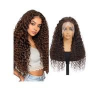 Peluca de cabello humano con frontal de encaje 360 HD, sin pegamento, color marrón chocolate, con tira oculta y ondas profundas. Pre-depilada, con efecto mojado y ondulado, densidad 150.(20inch)