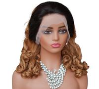 Peluca de cabello humano con frontal de encaje, ondas sueltas 13x4, densidad 300, sin pegamento, doble estirado, rizada y elástica, 24 pulgadas(T1B30#)