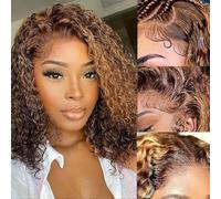 Peluca de cabello humano con mechas, encaje frontal 13 x 4, densidad 180 %, cabello brasileño ondulado o rizado efecto mojado, color P4/27 (25,4 cm)