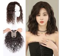 Peluca de cabello humano con parte media con pelo de bebé, sin costuras, clip en base de seda rizada, para reemplazo de cabeza superior (5 x 8 cm, 15 cm, 4# marrón claro)