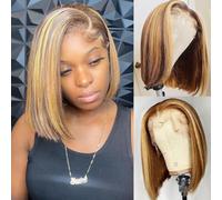 Peluca de cabello humano con reflejos estilo Bob de 13 x 4 pulgadas, con encaje frontal, línea capilar frontal prearrancada, sin pegamento, pelucas cortas y lacias para mujeres negras, cabello humano