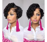 Peluca de cabello humano corto y rizado de 6 pulgadas, peluca corta y rizada de duendecillo, peluca de cabello humano con encaje de 13 x 4 x 1 for, pelucas rizadas brasileñas,for uso diario.