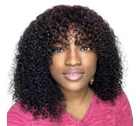 Peluca de cabello humano corto y rizado for mujer, con flequillo, densidad 180, pelucas rizadas sin pegamento, negro Natural for uso diario(8 inch)