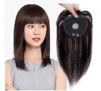 Peluca de cabello humano de cobertura completa de 10 x 10 cm, sin parte con flequillo, peluca recta con clip (15 cm, color marrón claro)