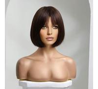 Peluca de cabello humano liso para mujer, pelucas cortas naturales con flequillo, hechas a máquina, resistentes al calor, cabello castaño oscuro, peluca corta marrón, sin encaje