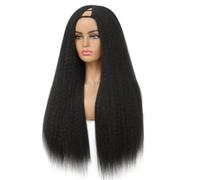Peluca de cabello humano liso rizado con raya en V for mujer, sin pegamento, estilo Yaki, for mujeres negras, sin dejar cabello suelto, densidad 150, color natural.(20inch)