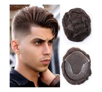 Peluca de cabello humano para hombre de aspecto na 100% de peluquín for hombres, cabello humano Remy Real, peluca for hombres Q6, encaje suizo, peluquín fino de PU hecho a mano, sistema de reemplazo d