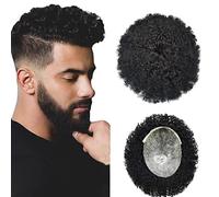 Peluca de cabello humano para hombre de aspecto na Peluquín Afro for hombres, cabello humano, piel fina rizada, prótesis capilar de PU for hombres con nudos, unidad de sistema de cabello Remy indio, p