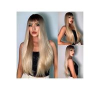 Peluca de cabello humano premium, Flequillo Degradado dorado oscuro Negro Degradado dorado Marrón oscuro cabello largo y liso Fibra química Cabello mate Seda de alta temperatura Europeo y peluca femen