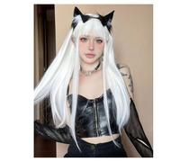 Peluca de cabello humano premium, Peluca colorida con flequillo de aire, pelo largo y liso, azul cielo, blanco, púrpura, cubierta completa for la cabeza, Aspecto natural y uso cómodo.(White)