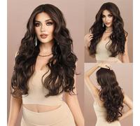 Peluca de cabello humano premium, Peluca de encaje con división en T for mujer, pelo largo y rizado con onda grande, color negro, marrón, fibra química, a la moda, Aspecto natural y uso cómodo.