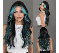 Peluca de cabello humano premium, Peluca en capas azul claro for mujer Destaca la peluca ondulada con flequillo esponjoso azul teñido, Aspecto natural y uso cómodo.