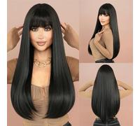 Peluca de cabello humano premium, Peluca larga y recta de color marrón oscuro for mujer, peluca sintética Natural con flequillo for fiesta diaria, Cosplay, reflejos Blone, Aspecto natural y uso cómod