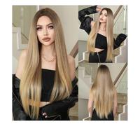 Peluca de cabello humano premium, Peluca rubia Peluca de fibra química con gradiente de oro nórdico for mujer, cabello liso de longitud media, súper larga, cubierta completa for la cabeza, europeas y