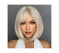 Peluca de cabello humano premium, Pelucas sintéticas blancas, rubias y grises con flequillo, peluca de pelo corto y liso de Bob for mujer, pelo diario resistente al calor for Cosplay, Aspecto natural