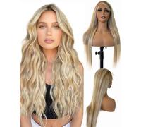 Peluca de cabello humano rubio balayage con encaje frontal de 30 pulgadas, sedoso, lacio, degradado, reflejos degradados, 13 x 6 pulgadas, HD, encaje frontal, raya profunda, raíces marrón claro a