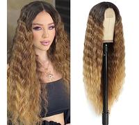 Peluca de cabello sintético largo y rizado de 76 cm, color rubio miel, pelucas pequeñas de encaje frontal para mujer, peluca de onda profunda suelta de 4 pulgadas, cuero cabelludo simulado, parte