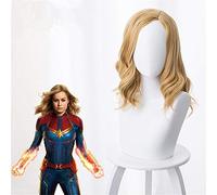 Peluca de Capitán Marvel Coplay para mujer, de Carol Danvers, rubio, ondulado, peluca dorada para cosplay + gorra de peluca gratis