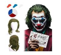 Peluca de Clown Verde para Hombre con Tatuajes de Clown,Maquillaje Rojo Blanco y Azul,Pintura Facial y Redecilla Negra,Peluca de Payaso Verde para Disfraz de Carnaval de Mardi Gras,Halloween (A)