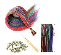 Peluca de Color Sintético, 20 Piezas de Plumas de Colores con 50 Micro Anillos de Silicona, Ganchillo y Pinzas para Extensiones