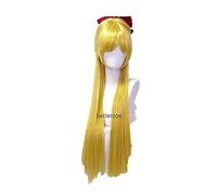 Peluca de cosplay de anime para Sailor Venus Peluca de cosplay Minako Aino Pelucas de cosplay Pelucas de pelo sintético largas y rectas doradas resistentes al calor + gorro de peluca + lazo rojo