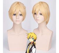 Peluca de Cosplay de Anime Vocaloid Kagamine Len para hombre, peluca sintética corta recta rubia resistente al calor con cola de caballo Pl-014