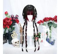 Peluca De Cosplay Lolita Para Mujer Pelo Largo Y Liso Trenzado Con Color Resaltado Flequillo En Capas Pelucas Diarias De Halloween Medusas Preestilizadas (Red)