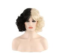 Peluca de Cruella de película medio oro y negro pelucas Cosplay disfraz de Cruella de Vil mujeres pelo corto rizado fiesta Halloween pelucas