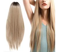 Peluca de encaje frontal con flequillo, pelo rubio largo y recto, fibra sintética resistente al calor 70 cm, ideal para mujer