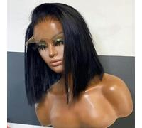 Peluca De Encaje Frontal Para Mujer Europea Y Americana, Diadema Sintética, Pelo Liso Corto Con Raya Lateral Negra