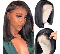 Peluca de encaje frontal precortada con cabellos de bebé, densidad del 180 %, pelucas cortas estilo Bob para mujer, pelucas frontales lacias, color negro natural (30 cm)