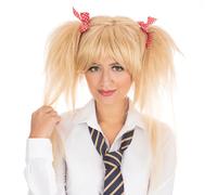 Peluca De Escuela Para Adultos Rubia Con Lazos Rojos Y Coletas Disfraz