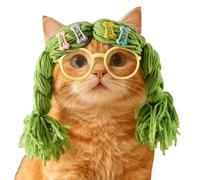 Peluca de gato para mascotas - Cabello trenzado y gafas, accesorio de disfraz, gorro de cabeza Humorístico para gatitos, cachorros, fiestas de vacaciones, Carnaval, sesiones de fotos