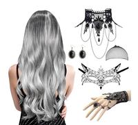 Peluca de Halloween para Mujer, 70 cm Peluca Gris Mujer Halloween, Pelucas Gris Larga para Mu-jer, con Redecilla, Collar, Pulsera, Pendientes, Máscara de Encaje para Hallo-ween, Carnaval, Mascarada