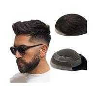 Peluca de Hombre Tupé for hombres, piezas de cabello humano europeo Frente de encaje suizo suave con PU alrededor de la base Sistema de reemplazo de cabello negro 8x10 "Prótesis de cabello for hombres