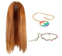 Peluca de jengibre, collar de paz arcoíris y diadema de flores rosas, divertidos accesorios retro para fiestas hippies, festivales, eventos de los años 60 y 70, Día Mundial del Libro y más