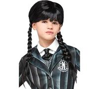 Peluca de Miércoles con trenzas y flequillo para disfraz de carnaval, Halloween y cosplay ㅤ