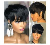 Peluca de Mujer Color natural corta peluca real con flequillo, peluca de pelo real adecuado for mujeres negras Pelucas de Mujer Pieza de Pelo