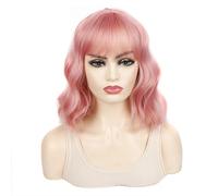 Peluca de mujer Cubierta de cabeza peluca con flequillo fino y esponjoso pelo corto diario multicolor Pelucas humanas(Pink)