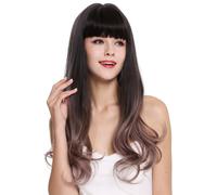 Peluca de Mujer Largo Ondulado Flequillo Balayage Marrón Oscuro Rosa Cosplay