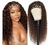 Peluca de mujer natural brasileña feibin con cinta para la cabeza, peluca de cabello humano de 20 pulgadas, onda profunda, sin pegamento, cabello liso, color marrón chocolate