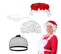 Peluca de Navidad,Peluca de anciana | de señora de Navidad blanca - Accesorios para disfraces de, peluca, sombrero, gafas, red para el pelo para fiesta de disfraces de