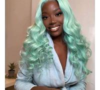 Peluca de pelo azul pastel con encaje frontal for mujer, larga ondulada, azul hielo, color claro, parte libre, peluca sintética realista, peluca suave, fibra resistente al calor, cosplay, fiesta, Drag