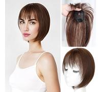 Peluca de pelo corto y fino con flequillo fino y clip en postizo sintético recto de 25 cm, parte media (marrón claro)